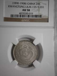 China 1890 1908, Kwangtung 20 Cents, Y 201, NGC AU58  