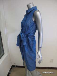 Max Mara Blue Sleeveless Hidden Button Waist Tie Dress 6  