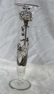 Antique Glass Sterling Silver Overlay trumpet Vase Carnation Daffodil 