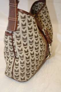 MICHAEL KORS SIGNATURE PRINT KHAKI W/ LEATHER CLIP BAG HANDBAG PURSE 