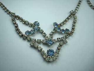   Bright Blue Rhinestone Bib Necklace Choker Silvertone Sparkling  