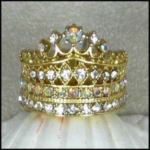 QUEEN FOR A DAY Gold Clear Crystal Crown Statement Ring  