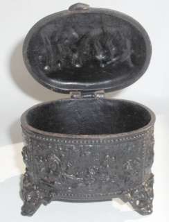   ANTIQUE RUSSIAN CAST IRON JEWELRY TRINKET BOX SIGNED with SCENES