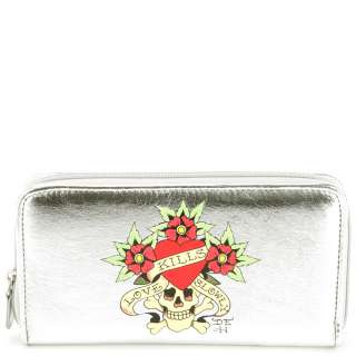 Ed Hardy Silver Skulls And Roses Zip Around Wallet  