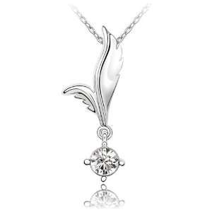 Clear Crystal Leaf Drop Pendant Necklace, 18K White Gold Plated, Cubic 