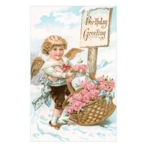 Birthday Greeting, Cherub with Basket of Roses Giclee Poster Print 