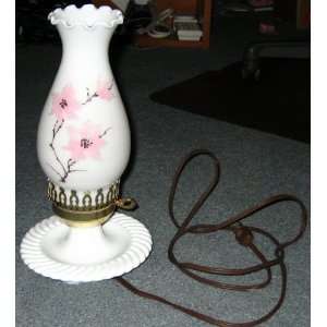 Vintage White Milk Glass Hurricane Lamp, Handpainted Cherry Blossoms