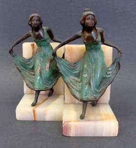 Vintage Art Deco Bookends Bronze Marble Curstying Girls  