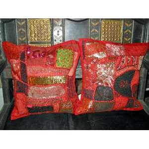  2 Gorgeous Red Black Patch work Vintage Sari Pillow 