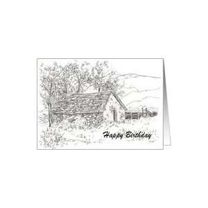  Black and White Rock House Happy Birthday Pen and Ink Art 