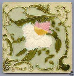 Art Nouveau Majolica tile WHITE & PINK ORCHID 0a  