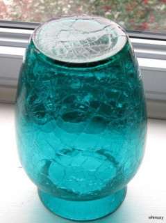Teal Crackle Glass Vase 7.5 Vintage Art Glass  