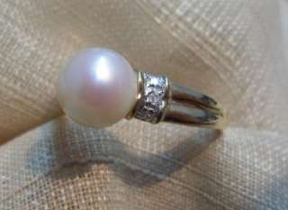 Ladies14k yellow gold 7mm cultured pearl diamond ring sz 73/4  