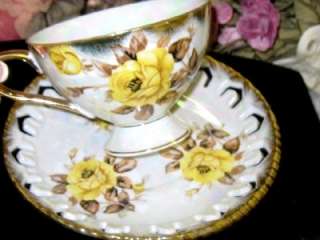 Japan IRIDESCENT & YELLOW ROSES Lace Tea Cup and Saucer  