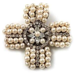  White Pearl Style Diamante Cross Brooch (Silver Finish) Jewelry