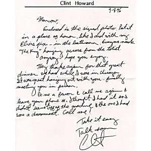Clint Howard Autographed Signed Handwritten Letter