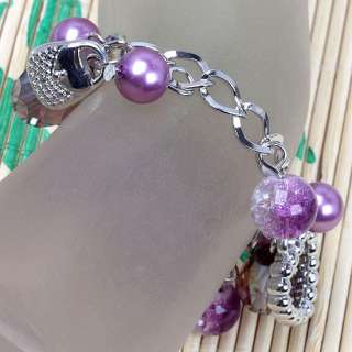 Lilac Faux Pearl Drop Crystal Link Chain Bracelet  