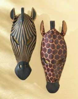 Giraffe & Zebra Carved Mask Wall Plaque Safari Decor  