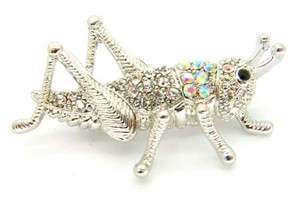 New Unusual AB Crystal Cricket Grasshopper Insect Brooch Silver Tone 
