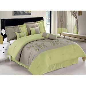 Pc Elegant Apple Green, Gray Embroidered Comforter Set / Bed in a 