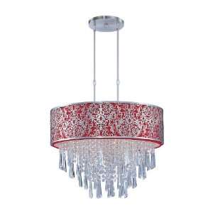   Light Pendant, Satin Nickel Finish with Red Fabric Shade and Crystals