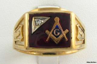   Genuine Diamond Syn Red Spinel Masonic Ring   10k Solid Gold Masons