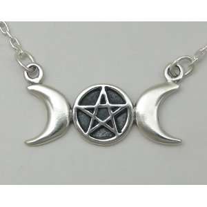Sterling Silver Triple Goddess Symbol Necklace with a Pentaclea 