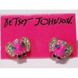 BETSEY JOHNSON Hot Pink Enamel & Crystal Elephant w/ Bowtie Earrings