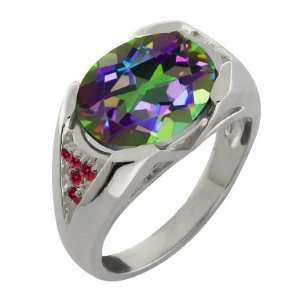   Oval Green Mystic Quartz and Red Garnet 18k White Gold Ring Jewelry
