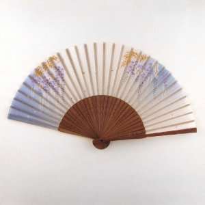 Japanese Silk Handheld Fan, Pale with Gold and Blue Trailing Vines 