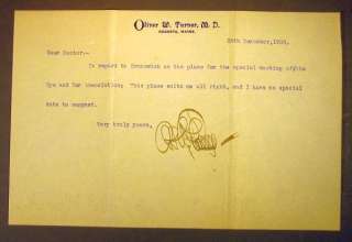 Doctor, 1908 letter, Augusta, Maine, Oliver W. Turner  