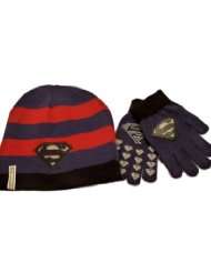 Superman Boys Reversible Blue Hat & Gloves beanie set