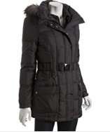 Calvin Klein charcoal quilted belted faux fur hooded down coat style 