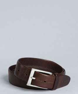 John Varvatos dark brown leather edge stitch belt