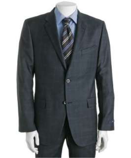 Hickey dark blue plaid wool 2 button suit with flat front trousers 