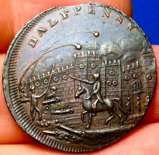BATTLE SCENE OLD ENGLISH COINS 1700s COLONIAL HALFPENNY  