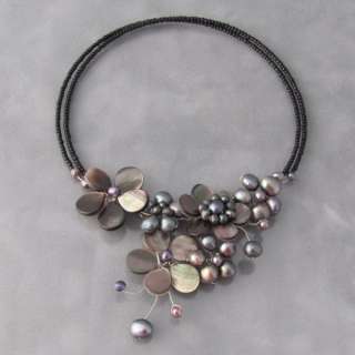 Multi Flower Black Pearl Cluster Choker Wrap Necklace  