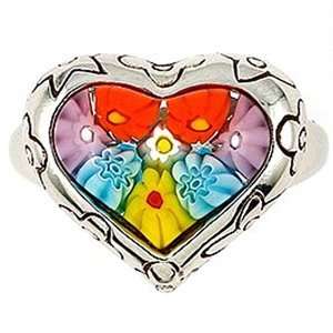   Silver, Multi Color Millefiori Murano Glass Heart Ring (Nickel Free