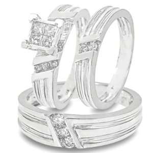 Round, Princess Cut Diamond Wedding Band Set 10K White Gold Three Ring 