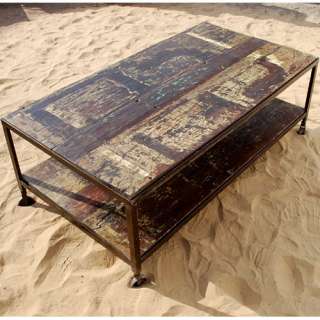   Iron Weathered Distressed Two Tier Coffee Table on Rollers NEW  