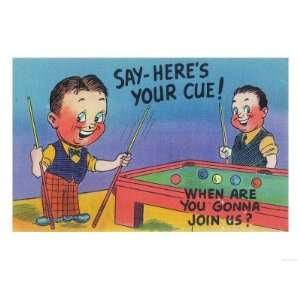  Two Cartoon Men Play Pool, Heres Your Cue Giclee Poster 