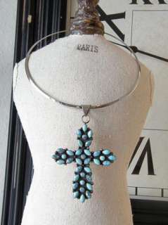   MEXICAN STERLING SILVER 925 TURQUOISE CROSS PENDANT COLLAR NECKLACE
