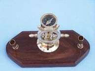 Brass Ship Wheel Compass Pen Holder Nautical  