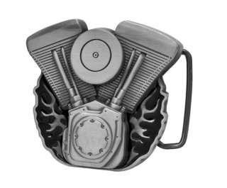 Twin Motorcycle Engine Belt Buckle with Flames  