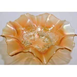 GL377   Vintage grapes and leaves marigold carnival glass bowl  